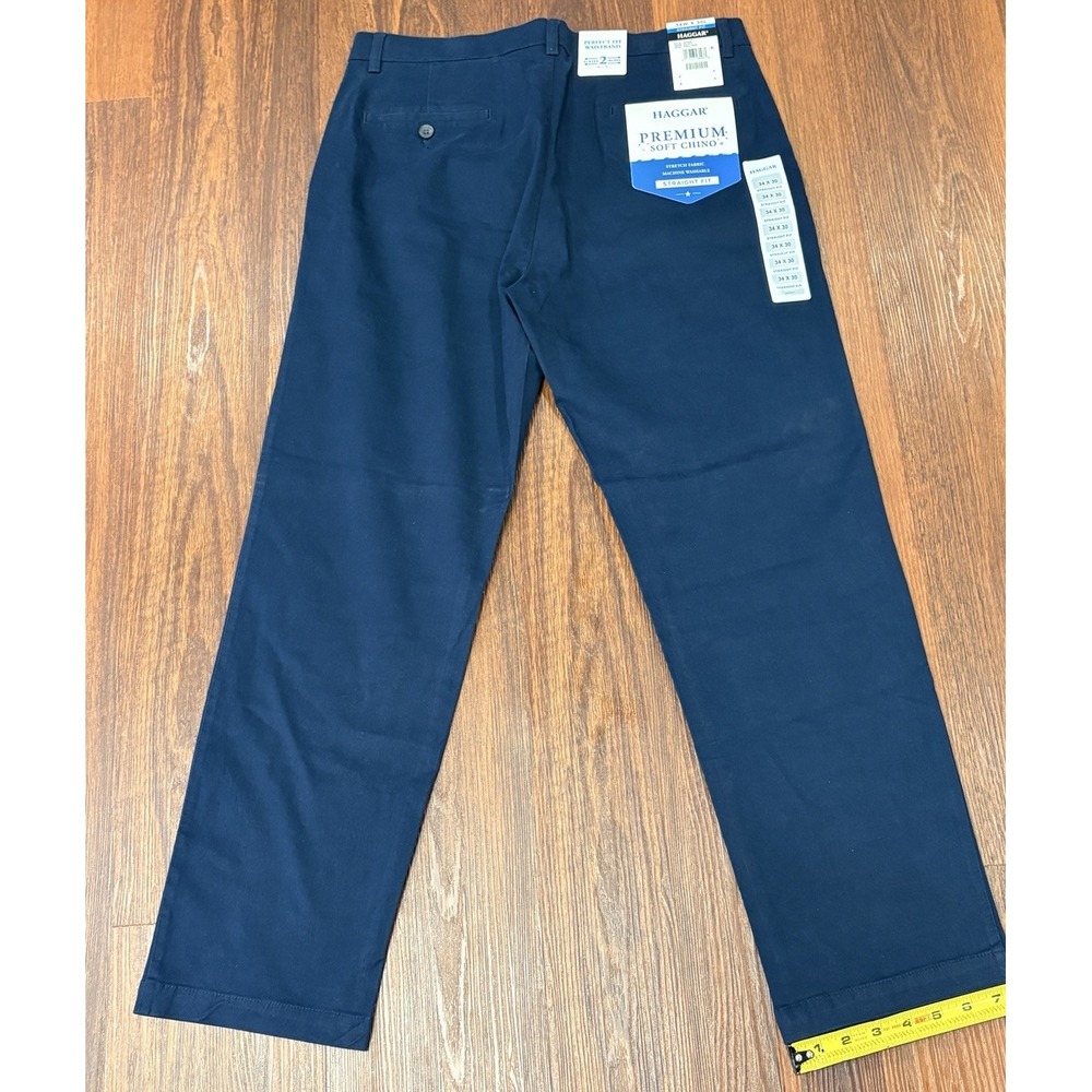 NEW Haggar Straight Fit Mens Pants 34W x 30L Waistband Navy Premium Soft Stretch - Picture 9 of 14